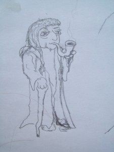 A pencil drawing of a troll-like old woman, smoking a pipe