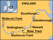 A simple map of the course of the Trent, showing the major towns it passes though: Stoke-on-Trent, Burton-on-Trent, Nottingham, Newark, Gainsborough, and passing near Scunthorpe