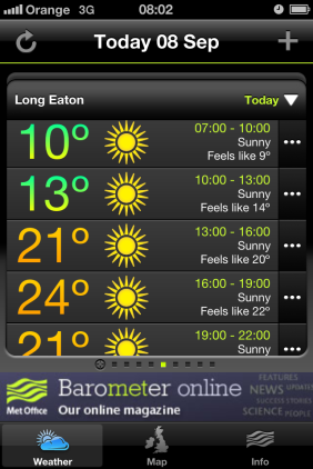 A screenshot from the metoffice app, on my phone, showing happy yellow suns all day. For Long Eaton.